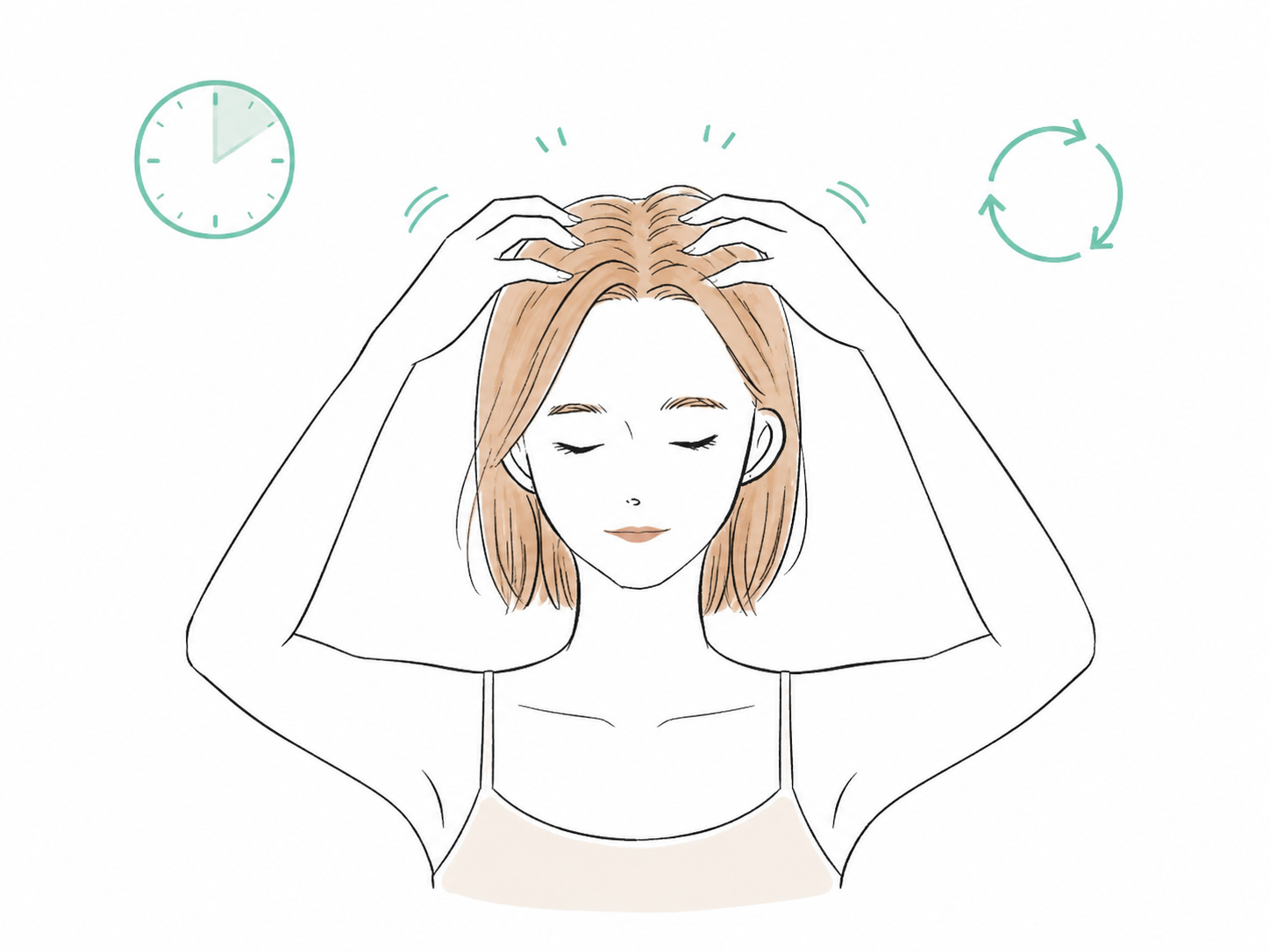 Hình minh họa một người phụ nữ đang thể hiện thời lượng, tần suất và áp lực của việc mát-xa da đầu.