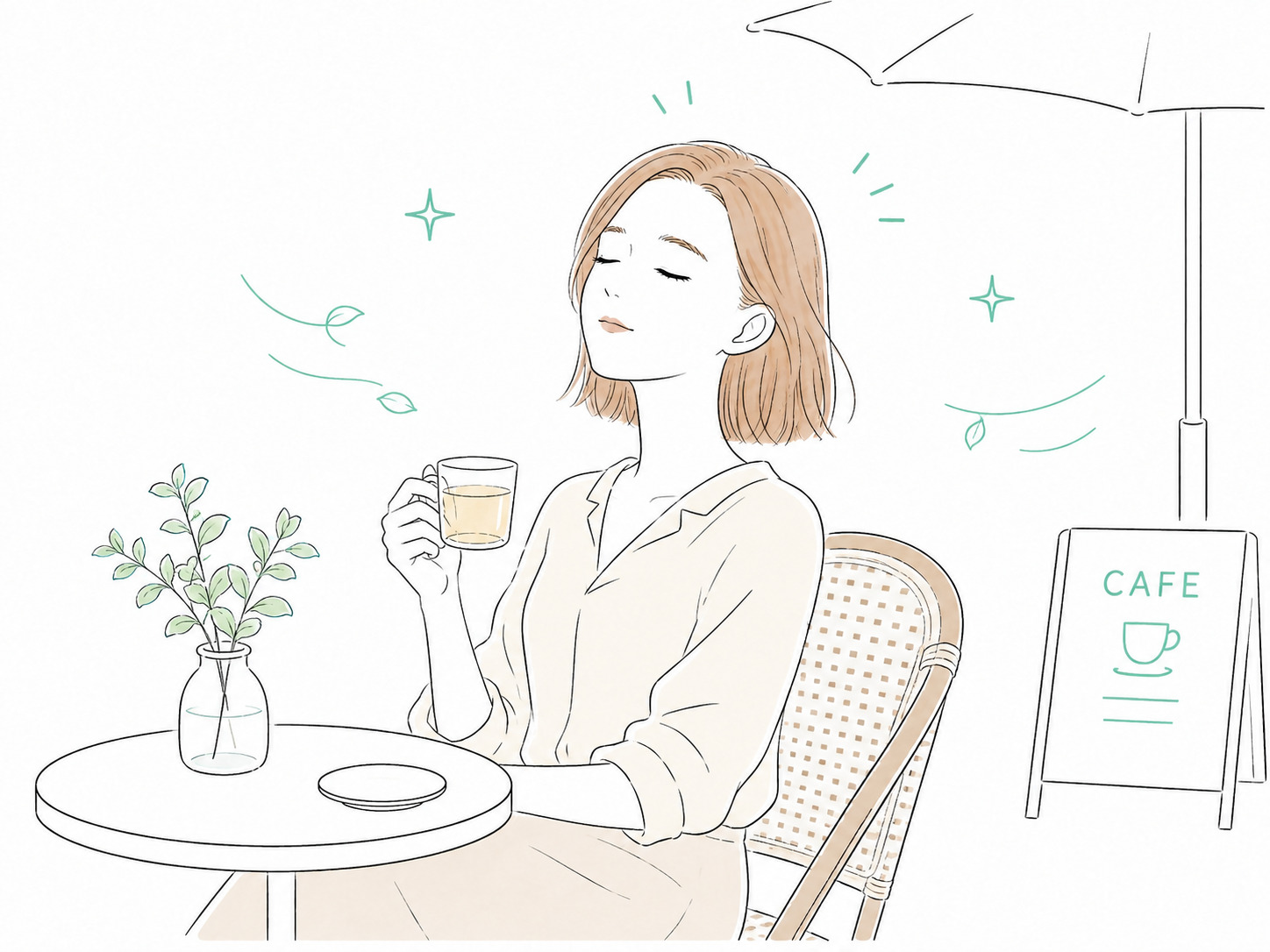 Hình minh họa một người phụ nữ đang thư giãn trên sân hiên quán cà phê sau khi tự mình thực hiện liệu trình spa đầu.